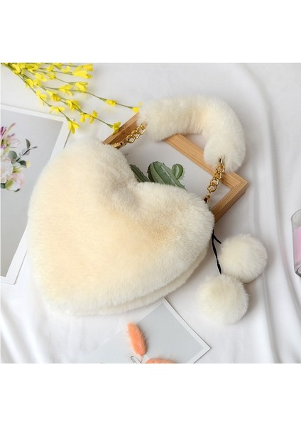 Faux Fur Tote Sevimli Peluş Kalp Tek Omuz Aşk Tote Crossbody Çanta (Yurt Dışından)