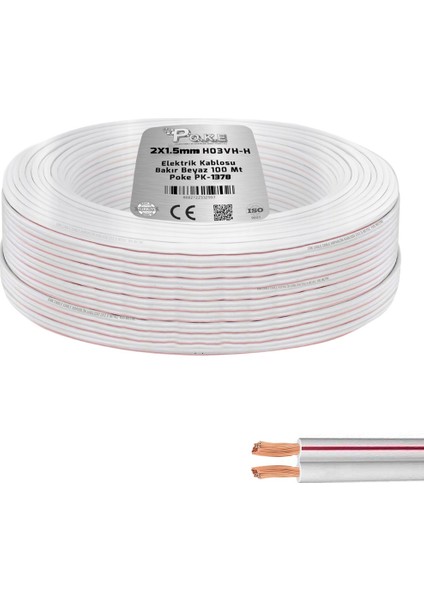 2x1.5 Elektrik Kablosu Bakır Beyaz H03VH-H 100MT Poke PK-1378