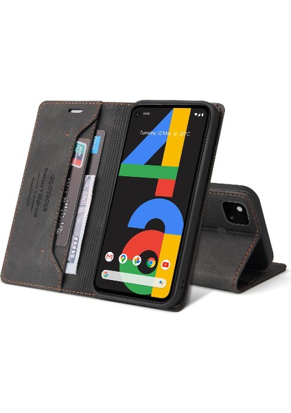 Google Pixel 5 Kickstand Iki Kart Yuvaları Premium Deri Premium Için Kılıf (Yurt Dışından)