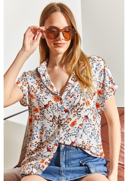Çiçek Desen Kısa Kollu Keten Görünümlü Gömlek indirimleri
