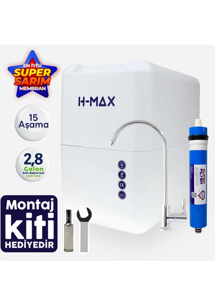 H-MAX Reverse Osmosis System 15 Aşama 9 Litre Çelik Tanklı 80 Gpd Membranlı Su Arıtma Cihazı