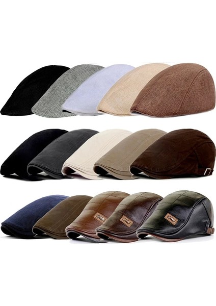 Keten-Kahverengi Tarzı Pu Deri Gazeteci Şapkası Sonbahar Kış Erkek Sıcak Şapka Orta Yaşlı Yaşlı Adam Vintage Düz Kapaklar Rahat Patchwork Bere Şapka Yürüyüş Şapka (Yurt Dışından)