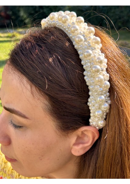 Tasarım Abiye El Işlemesi Düğün Kına Nişan Afterparty Kadın Beyaz Inci Taç