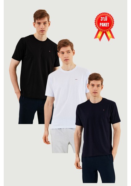 Erkek 3'lü Bisiklet Yaka T-Shirt %100 Pamuk Nakış Detaylı Basic Siyah-Beyaz-Lacivert