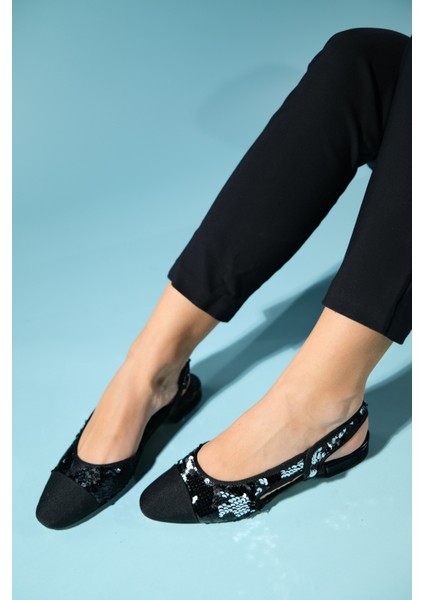 Lujo Siyah Payetli Kadın Arkası Açık Düz Babet Ayakkabı