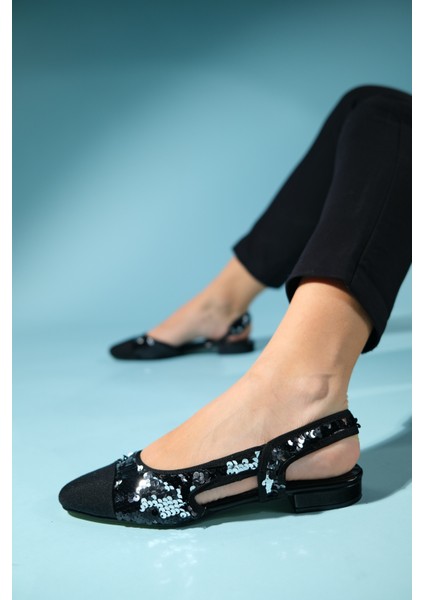 Lujo Siyah Payetli Kadın Arkası Açık Düz Babet Ayakkabı