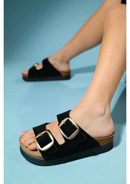 Harbor Siyah Süet Çift Bantlı Hakiki Deri Kadın Kalın Tabanlı Terlik