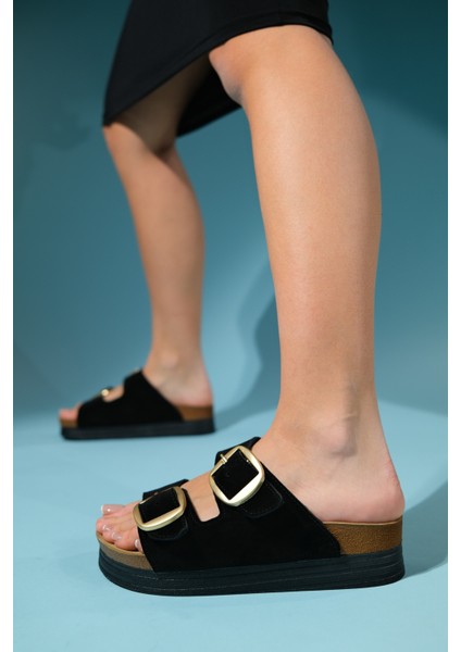 Harbor Siyah Süet Çift Bantlı Hakiki Deri Kadın Kalın Tabanlı Terlik