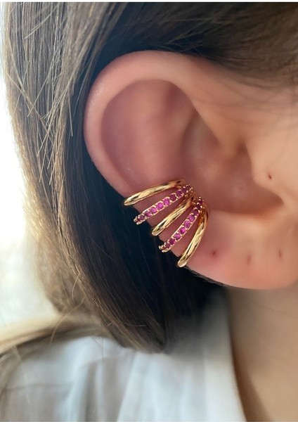 Kadın Büyük Earcuff Taşlı 5 Sıra Kıkırdak Küpe