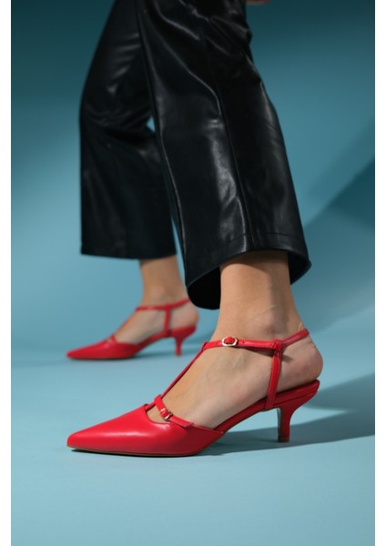 Frans Kırmızı Cilt Kadın Sivri Burun Arkası Açık Kısa Topuklu Ayakkabı