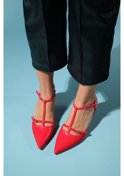 Frans Kırmızı Cilt Kadın Sivri Burun Arkası Açık Kısa Topuklu Ayakkabı fiyatları