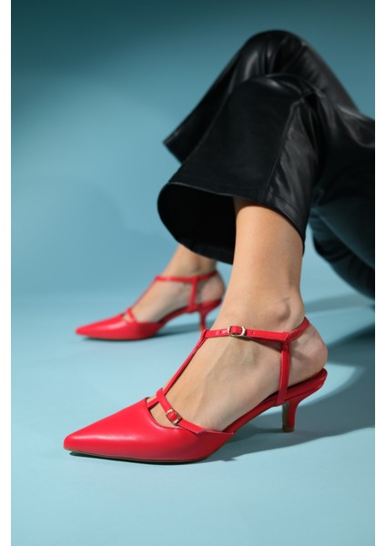 Frans Kırmızı Cilt Kadın Sivri Burun Arkası Açık Kısa Topuklu Ayakkabı modelleri