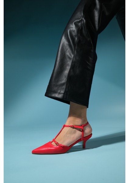 Frans Kırmızı Cilt Kadın Sivri Burun Arkası Açık Kısa Topuklu Ayakkabı indirimleri