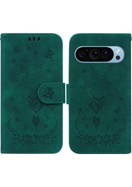 Google Piksel 9 Kickstand Flip Pu Deri Kapak Kabartma Gül Kartı Için Kılıf (Yurt Dışından)