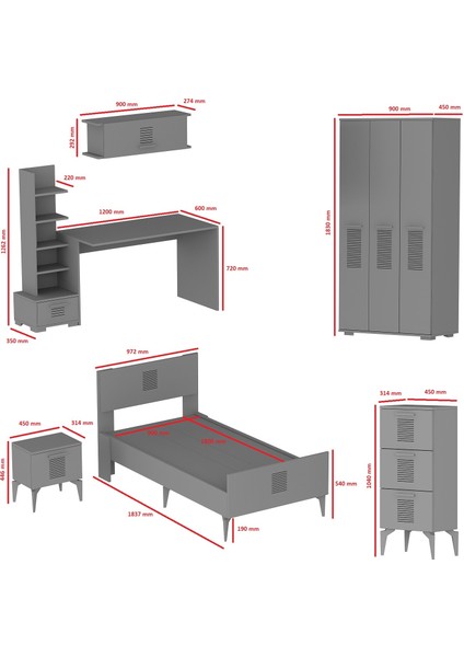 Demonte Dekor Asimo Genç Odası Takımı (P-T-G-L-H-C) Antrasit-Beyaz