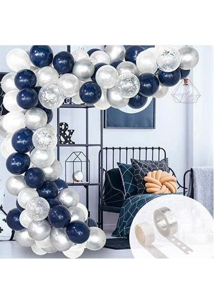 Gece Mavisi Beyaz Gümüş Konfetili Balon Zincir Seti