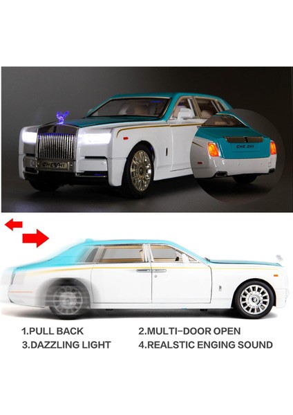 1/24 Rolls-Royce Phantom Model Araba, Çinko Alaşım Geri Çekin Oyuncak Döküm Oyuncak Arabalar Çocuklar Için Ses ve Işık ile Erkek Kız Hediye (Mavi-Beyaz)1 (Yurt Dışından)