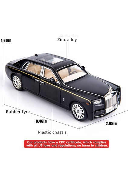 1/24 Rolls-Royce Phantom Model Araba, Çinko Alaşım Geri Çekin Oyuncak Döküm Oyuncak Arabalar Ses ve Işık ile Çocuklar Için Erkek Kız Hediye (Siyah)1 (Yurt Dışından)