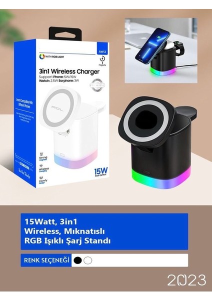 15W Manyetik 3'ü 1 Arada Hızlı Kablosuz Rgb Şarj Cihazı