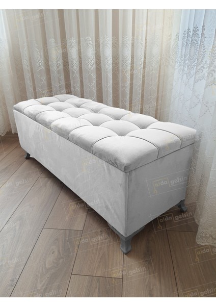 Yeni Model Lüks Çizgi Kapitoneli Sandıklı Puf Bench (70 x 45 cm) Gümüş Ayak