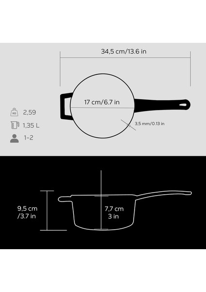 Döküm Yuvarlak Sos Tenceresi Metal Saplı Çap(Ø16 Cm, Iç Krem, Mat Siyah