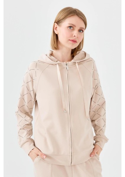 Kapüşonlu Fermuarlı Bej Kadın Sweatshırt 23457-2Y4