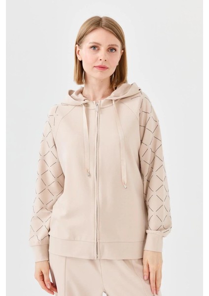 Kapüşonlu Fermuarlı Bej Kadın Sweatshırt 23457-2Y4