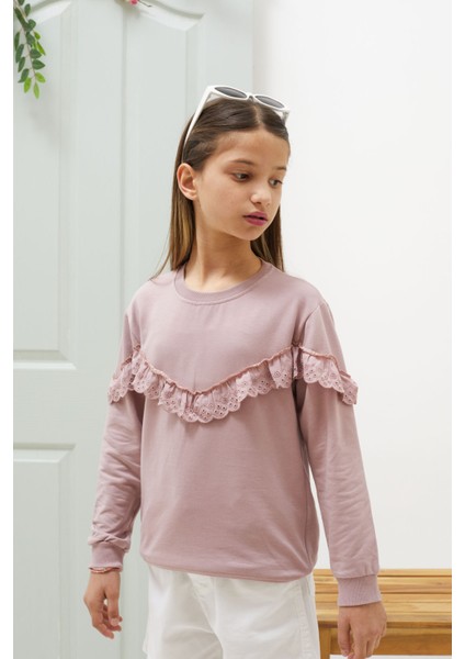 Gül Kurusu Dantel Detaylı Bisiklet Yaka Kız Çocuk Sweatshirt 18546