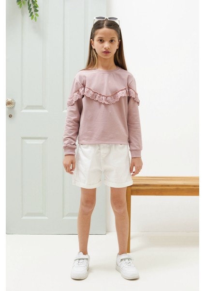 Gül Kurusu Dantel Detaylı Bisiklet Yaka Kız Çocuk Sweatshirt 18546 fiyatları