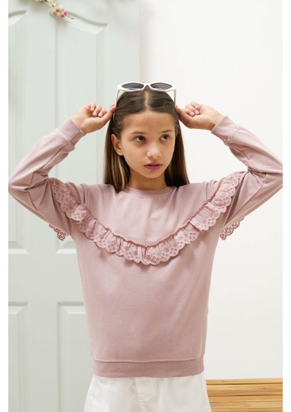 Gül Kurusu Dantel Detaylı Bisiklet Yaka Kız Çocuk Sweatshirt 18546 modelleri