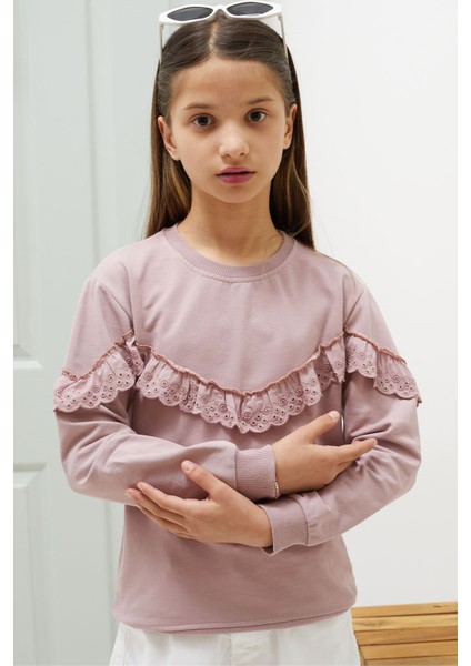 Gül Kurusu Dantel Detaylı Bisiklet Yaka Kız Çocuk Sweatshirt 18546 fırsatları