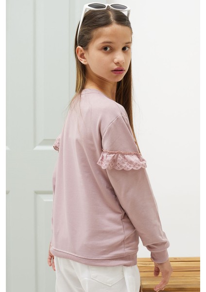 Gül Kurusu Dantel Detaylı Bisiklet Yaka Kız Çocuk Sweatshirt 18546 indirimleri