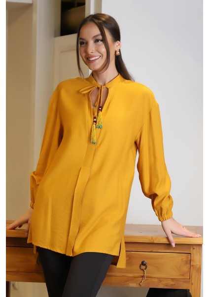 Uzun Kollu Bağlamalı Hardal Kadın Bluz 4016-2Y4