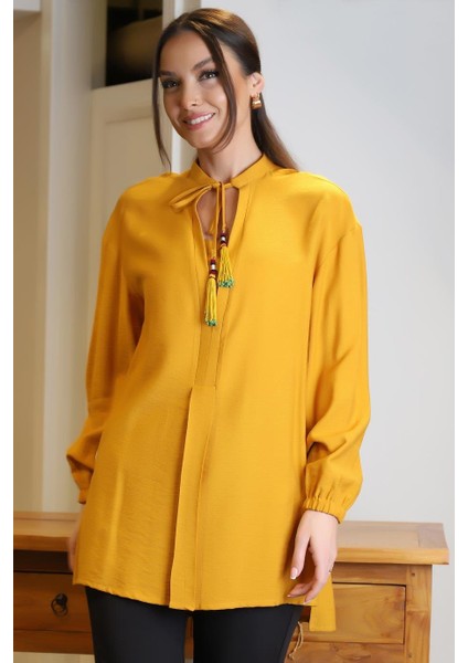 Uzun Kollu Bağlamalı Hardal Kadın Bluz 4016-2Y4 fiyatları