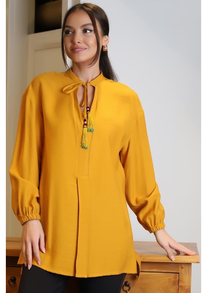 Uzun Kollu Bağlamalı Hardal Kadın Bluz 4016-2Y4 modelleri