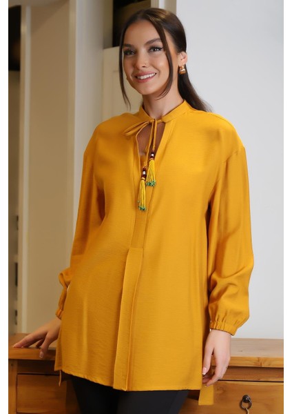 Uzun Kollu Bağlamalı Hardal Kadın Bluz 4016-2Y4 fırsatları