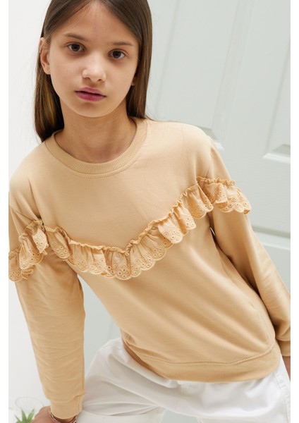 Krem Dantel Detaylı Bisiklet Yaka Kız Çocuk Sweatshirt 18543 fiyatları