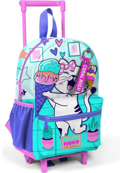 Minik Yuva Çekçekli Sırt Çantası Turkuaz Pembe Dondurmalı Kedi Desenli Iki Bölmeli 24051