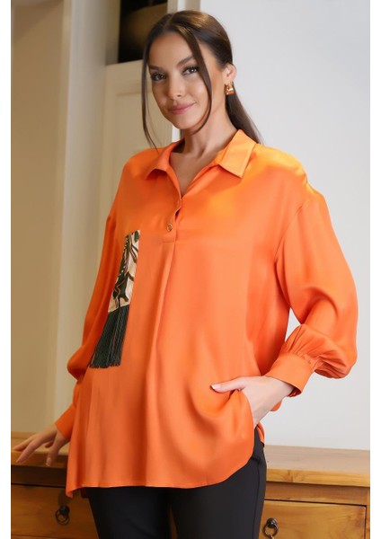Cep Detaylı Çıtçıtlı Turuncu Kadın Bluz 4032-2Y4
