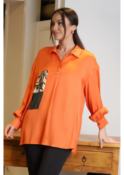 Cep Detaylı Çıtçıtlı Turuncu Kadın Bluz 4032-2Y4 fiyatları