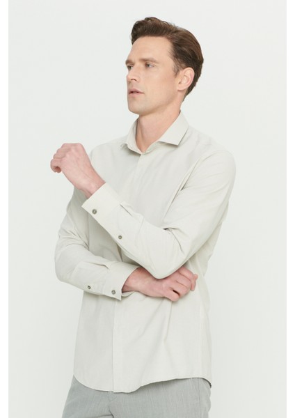 Slim Fit Dar Kesim Klasik Yaka Pamuklu Armürlü Gömlek