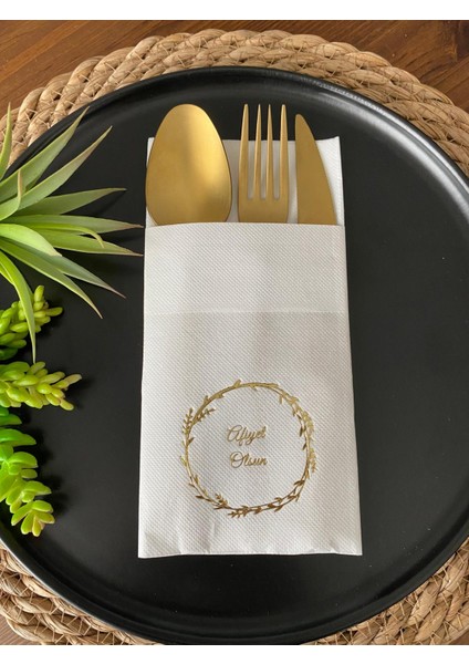 Gold Yaldızlı Beyaz Çelenkli Afiyet Olsun Cepli Peçete 12 Lı 40X40