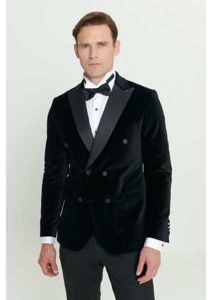 Slim Fit Dar Kesim Kırlangıç Yaka Pamuk Kadife Smokin Takım