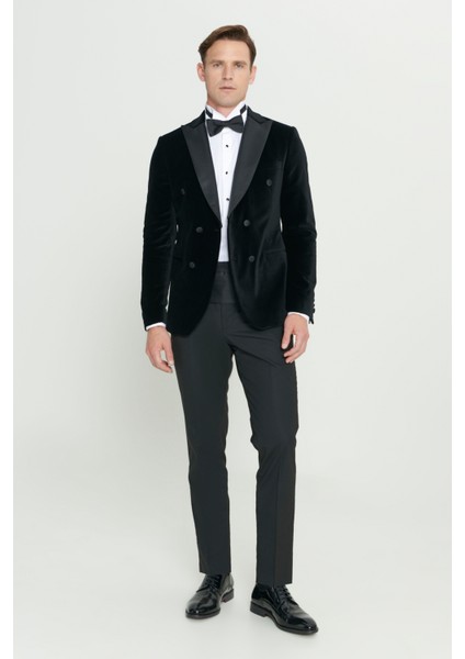 Slim Fit Dar Kesim Kırlangıç Yaka Pamuk Kadife Smokin Takım