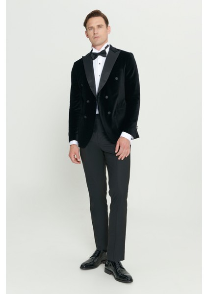 Slim Fit Dar Kesim Kırlangıç Yaka Pamuk Kadife Smokin Takım