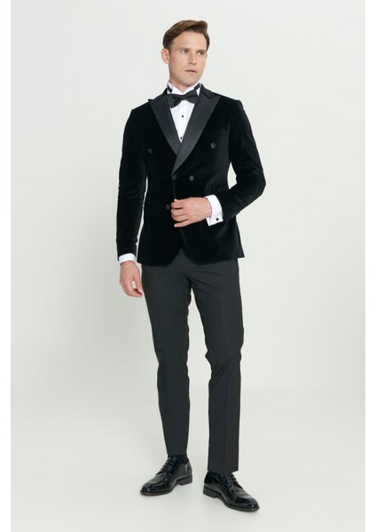 Slim Fit Dar Kesim Kırlangıç Yaka Pamuk Kadife Smokin Takım