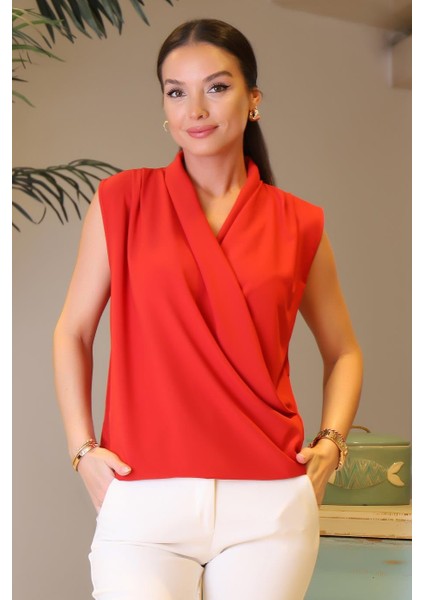 Kolsuz V Yaka Kırmızı Kadın Bluz 81856-2Y4