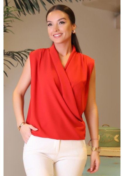 Kolsuz V Yaka Kırmızı Kadın Bluz 81856-2Y4 modelleri