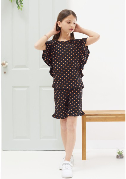 Siyah Puantiyeli Fırfırlı Bluzlu Kız Çocuk Şortlu Takım 18554