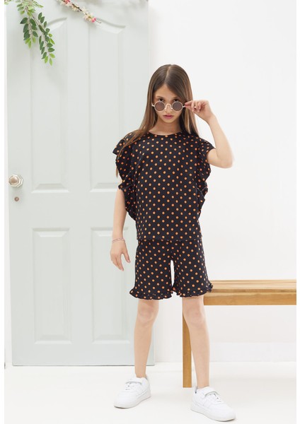 Siyah Puantiyeli Fırfırlı Bluzlu Kız Çocuk Şortlu Takım 18554 fiyatları